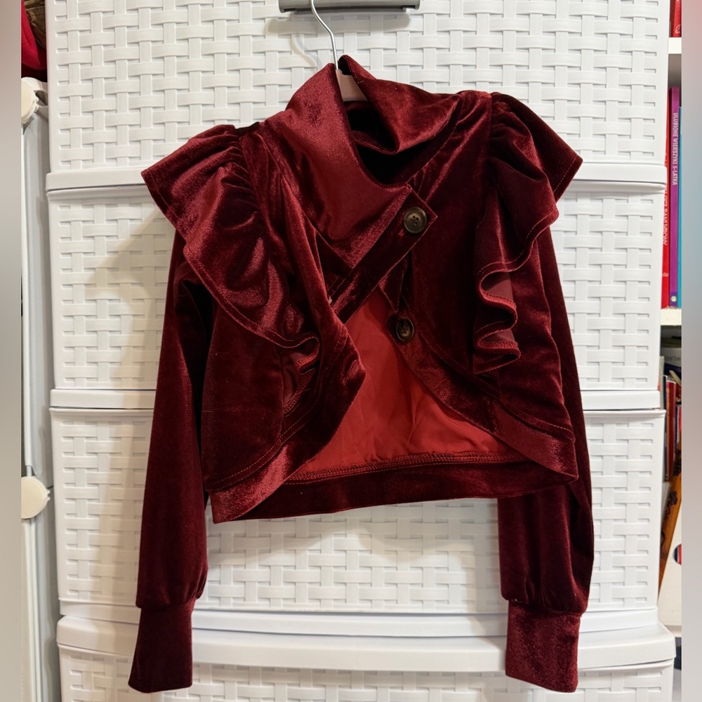 Joyfolie Burgundy Velvet Ruffle Jacket - Picture 7 of 8